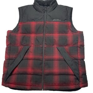 Eddie Bauer Down Vest Men's XL Black Red Plaid EB650‎ Quilted Puffer Zip Pockets